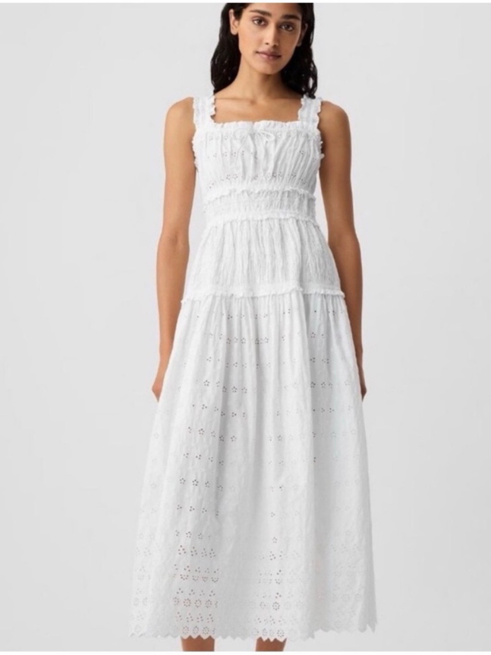 Gap x DOEN White Eyelet Tiered Midi Dress with Scalloped Straps
